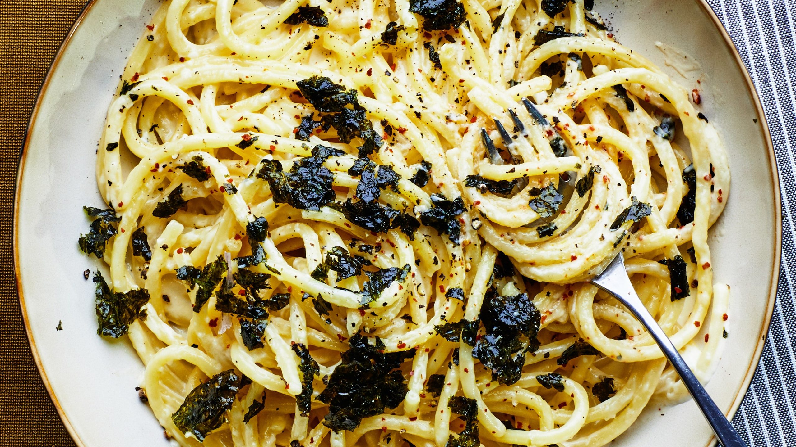 The Unusual Pantry Pasta Is Eric Kim’s Creamy Bucatini with Roasted Seaweed