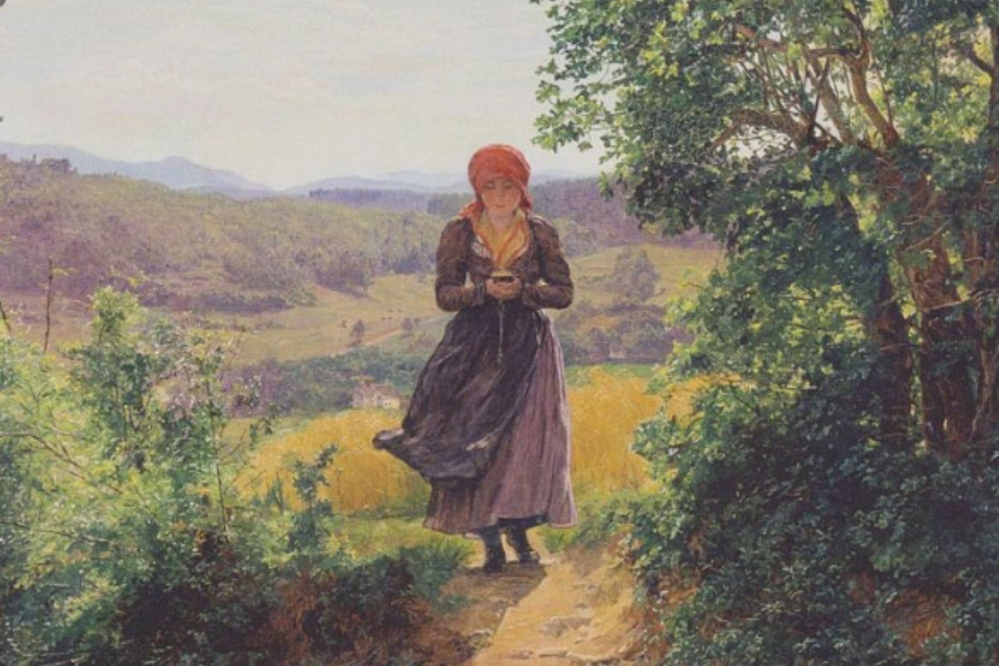 Web baffled by girl showing to carry a iPhone in an 1860 portray