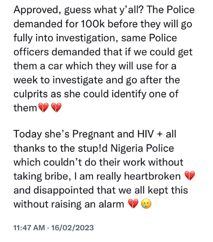 Twitter consumer accuses police of demanding for N100k to research case of a girl who was r*ped and contaminated with HIV