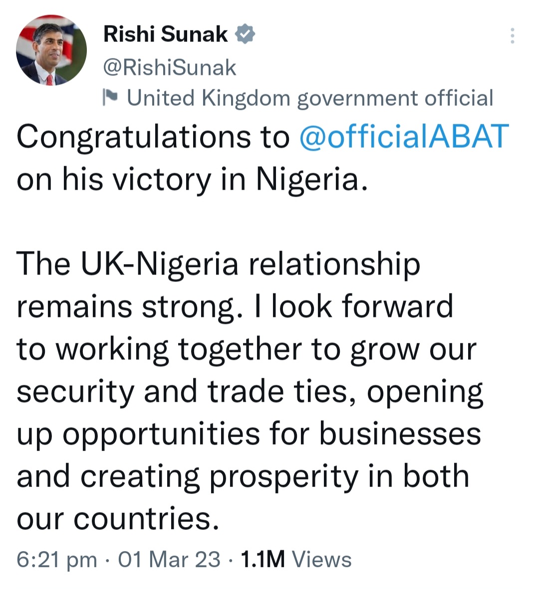 UK Prime Minister, Rishi Sunak congratulates Tinubu following his emergence as President-elect of Nigeria