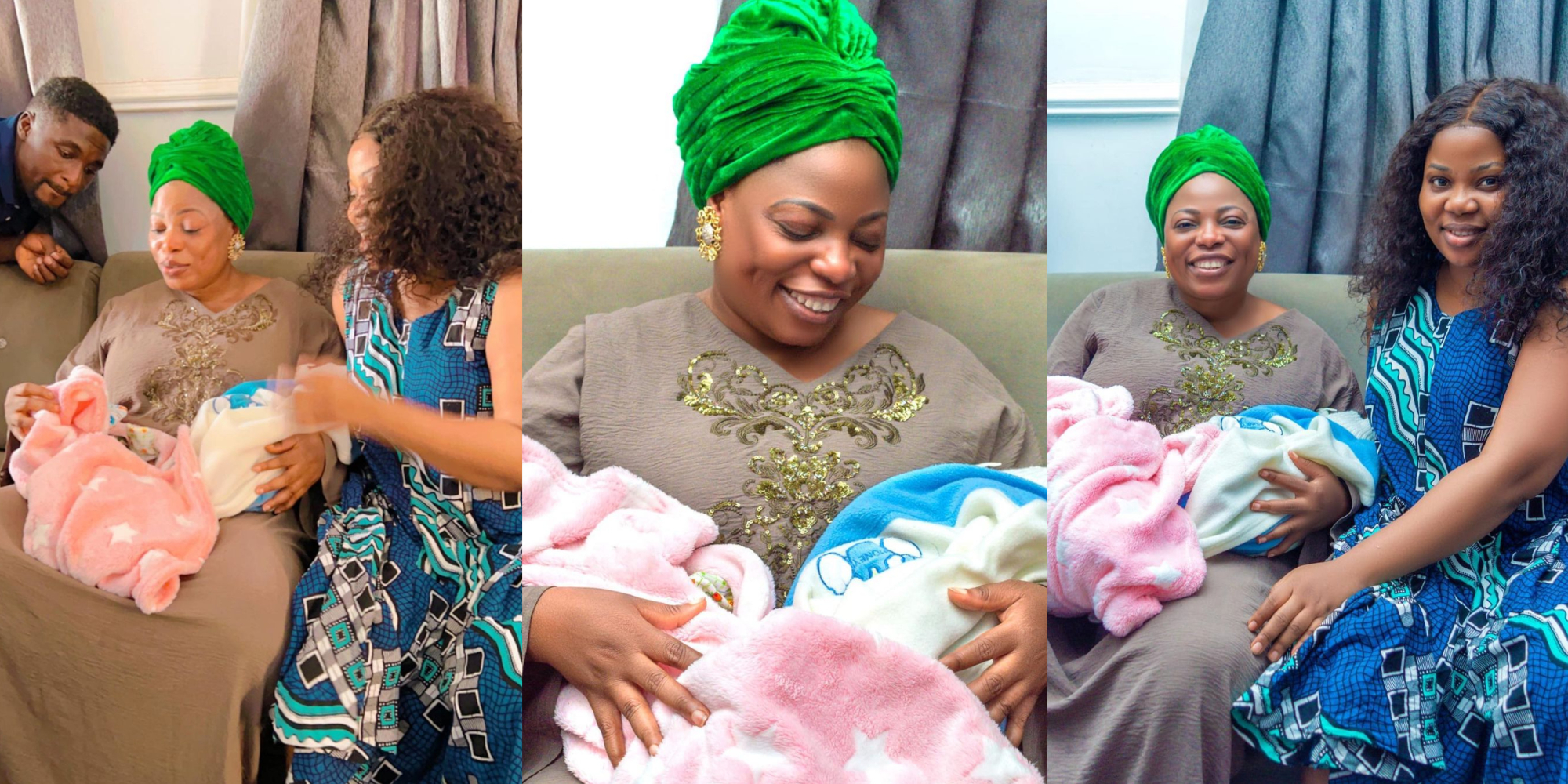 Celeb Prophetess Mary Olubori storms Adeniyi Johnson and Seyi Edun’s home to welcome their twins