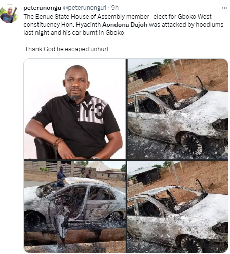Benue Home member-elect escapes assassination try, car burnt