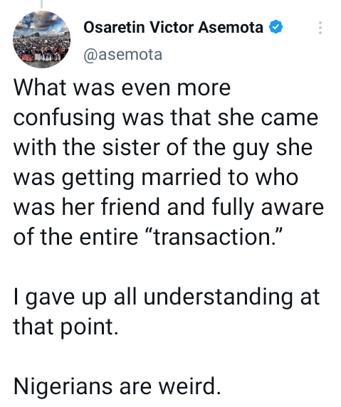 tech-entrepreneur-victor-asemota-narrates-how-a-nigerian-bride-to-be-visited-her-married-boyfriend-for-one-final-mekwe-earlier-than-her-wedding-ceremony.png Tech entrepreneur, Victor Asemota narrates how a Nigerian bride-to-be visited her married boyfriend for one final ‘mekwe’ earlier than her wedding ceremony