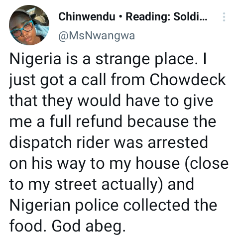 Police arrested dispatch rider on his solution to my home and picked up the meals