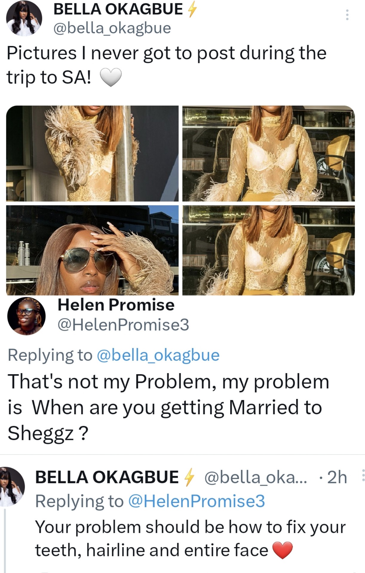 Between BBNaija’s Bella Okagbue and a Twitter person who requested her when she could be marrying her boyfriend, Sheggz
