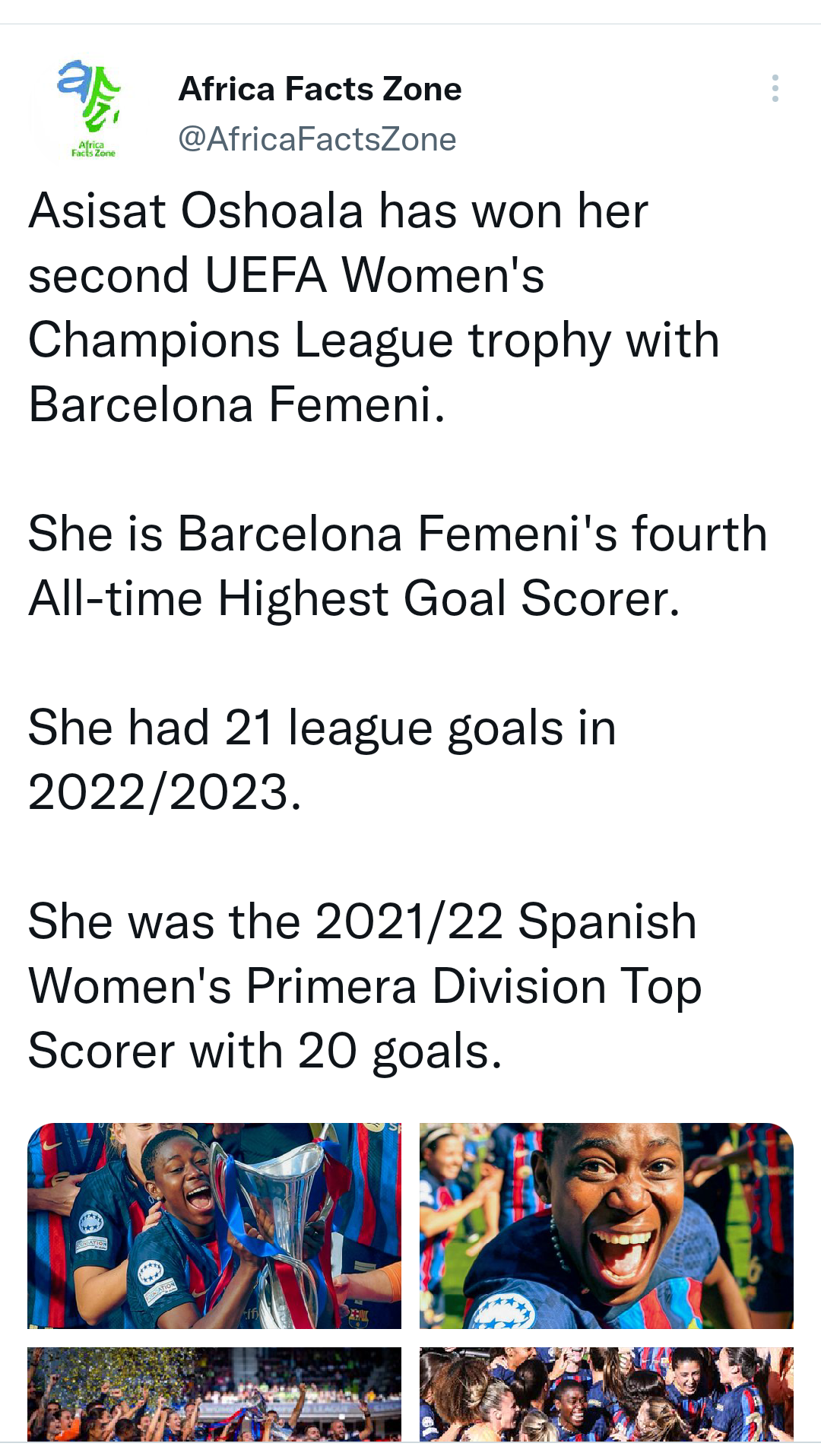 Asisat Oshoala wins second Womenâs Champions League title with Barcelona to turn out to be Africa’s most embellished footballer of all time