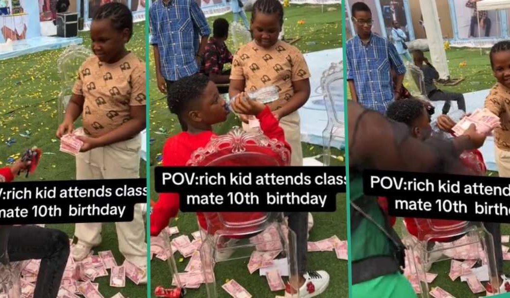 “I for don go home”: Reactions as wealthy child makes money rain at classmate’s tenth party