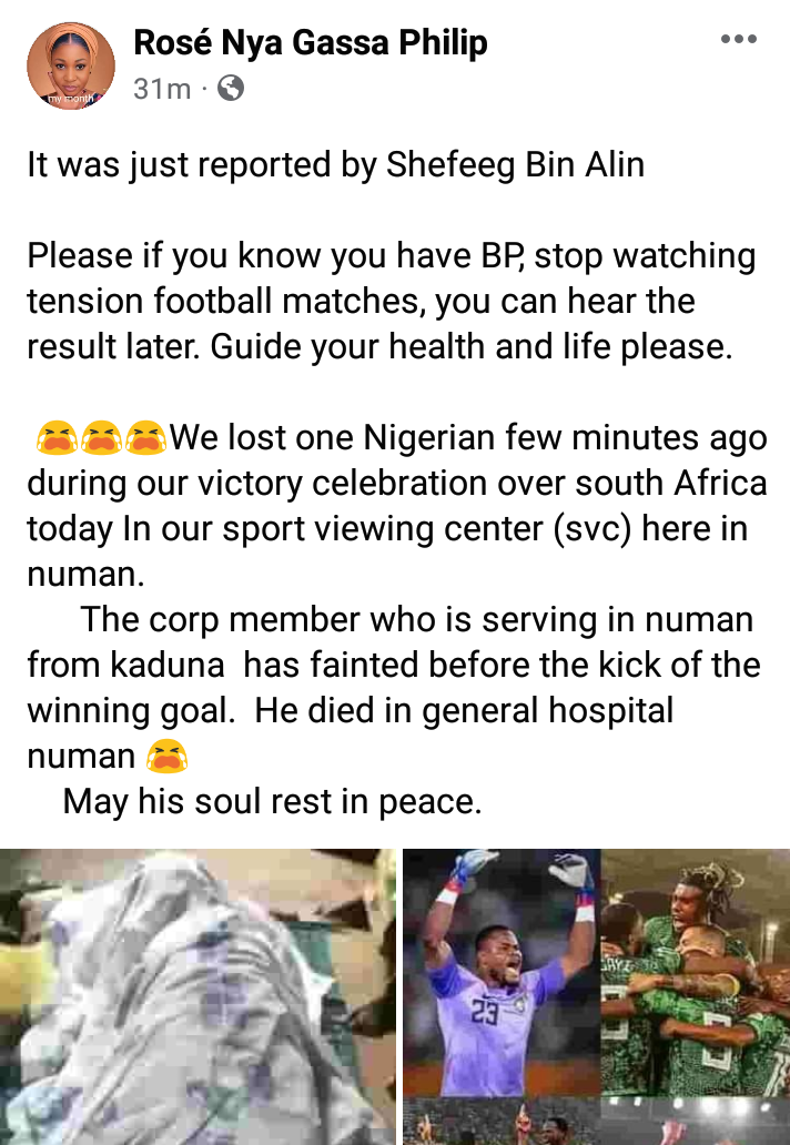 AFCON: Adamawa corps member reportedly slumps and dies whereas watching Tremendous Eagles vs Bafana Bafana match