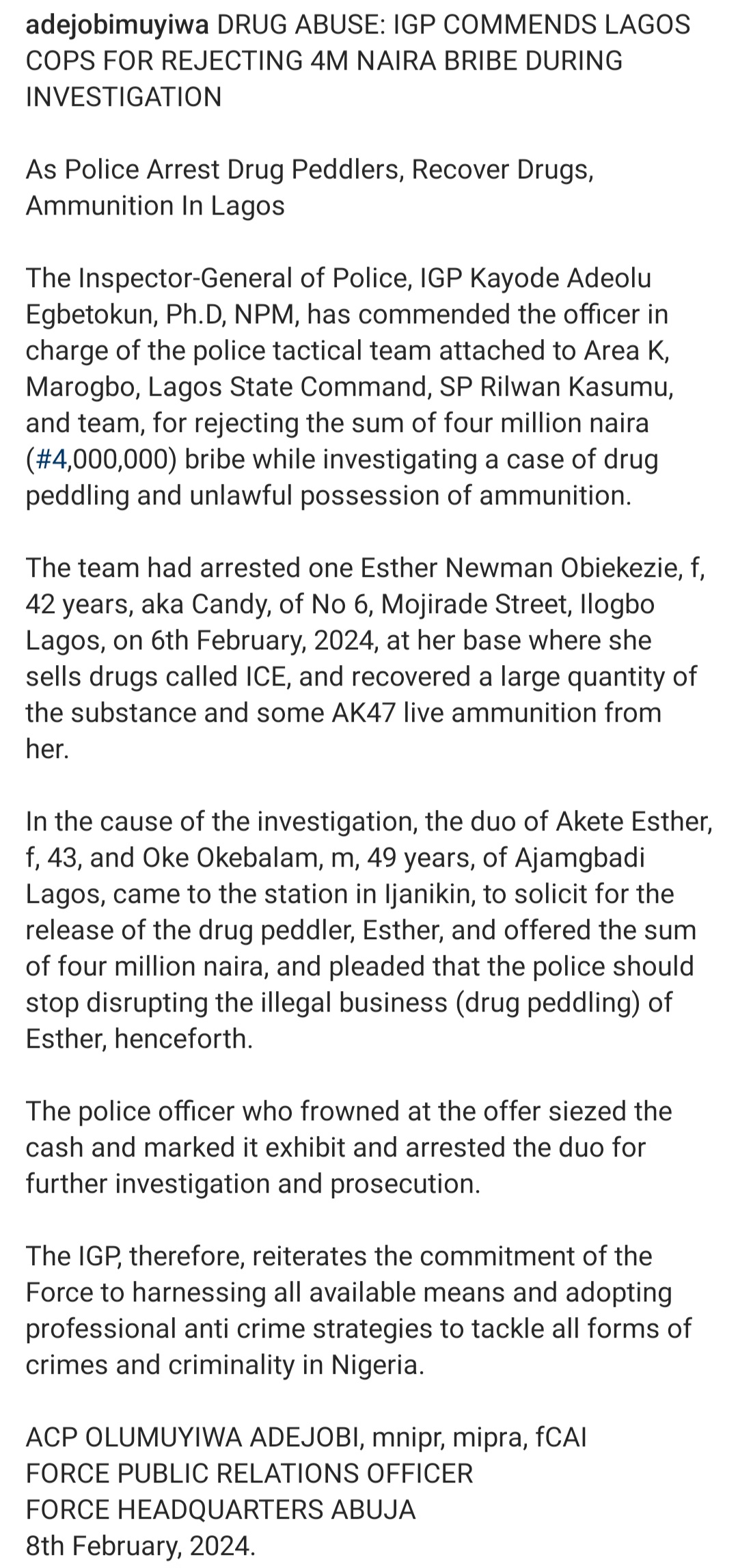 Police rejects N4 million bribe from drug peddlers in Lagos