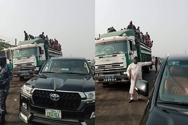 BREAKING: FRSC Boss Stopped His Convoy To Arrest Overloaded Truck With Items And Passengers