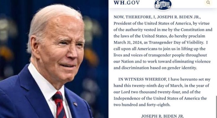 BREAKING: Biden declares March 30 as Transgender day of visibility