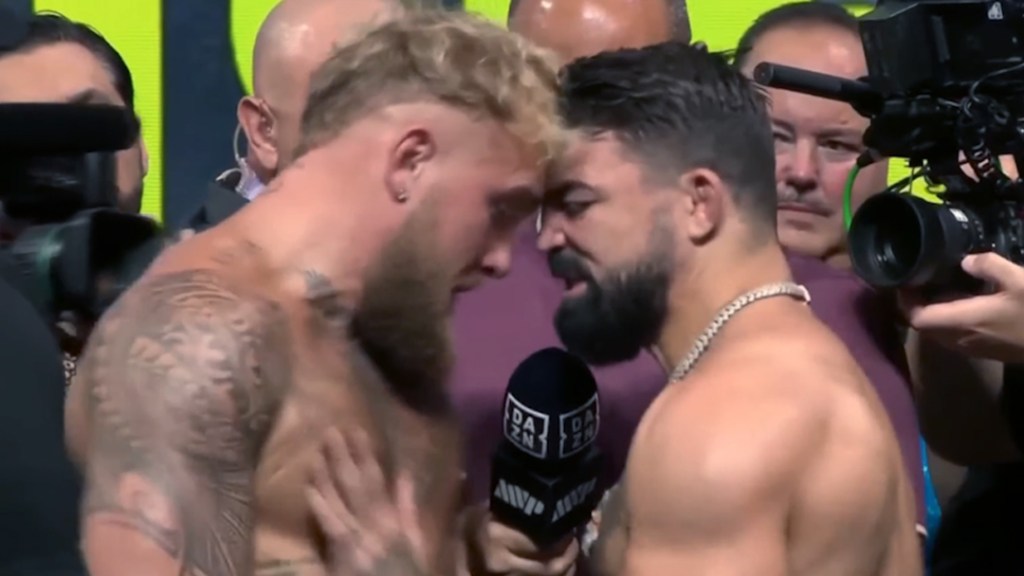 Video: Jake Paul, Mike Perry shove one another after heated faceoff at ceremonial weigh-ins