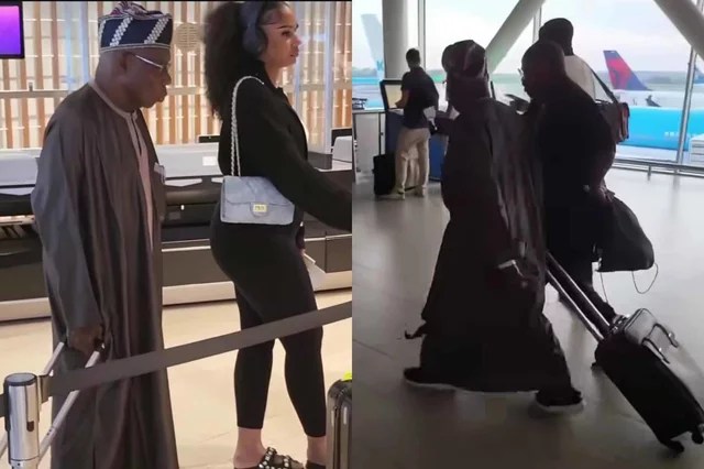 “Obj dey carry babe go trip” – Reactions as former president, Olusegun Obasanjo carries his bag at airport (Video)