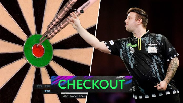 Callan Rydz checks out 135 to carry his throw towards Michael van Gerwen.”