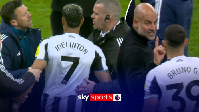 Tempers flare! Pep’s intense chat with Bruno, Joelinton held back by Howe!