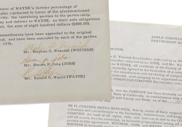 The original 1976 contract that founded Apple is heading to auction