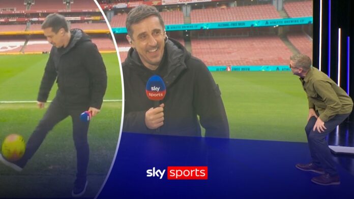 Gary Neville’s keepie‑uppies leave Mark Chapman in hysterics!