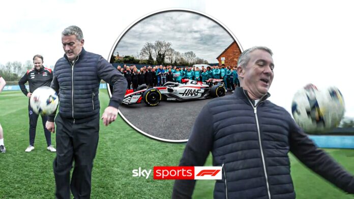 Sky reporter shows off his keepy-uppy skills in front of Coventry and Haas F1 team!