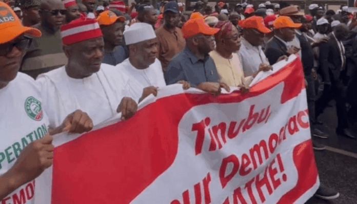 Atiku, Obi, Amaechi, others lead “Save Our Democracy” protest against INEC