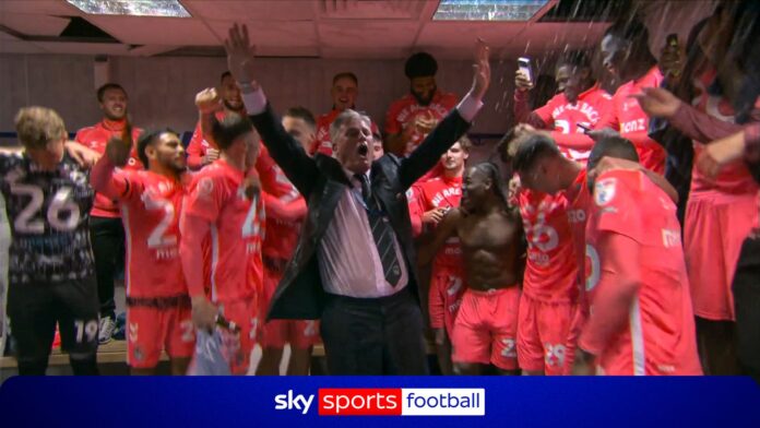 Coventry owner Doug King covered in champagne in dressing room celebrations after promotion
