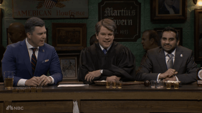 Aziz Ansari Hits the ‘SNL’ Bar With Matt Damon, Colin Jost to Battle the “War Against Male Loneliness”